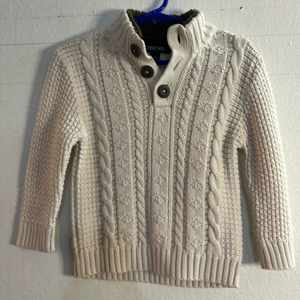 Boys, adorable cream colored cable knit sweater with fleece trim inside collar